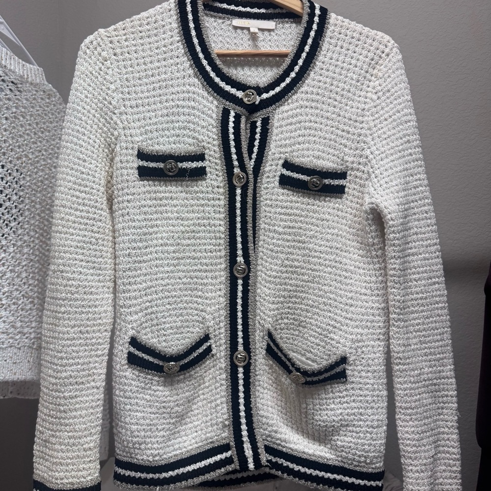 Maje 1 S Cream Tweed Jacket with Black Trim and Gold Buttons Cardigan Blazer - Picture 2 of 8